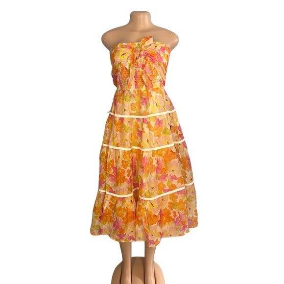 Lulus Sunlight Aura Orange Floral Strapless Tiered Midi Dress - Picture 2 of 11